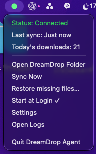 Actual DreamDrop Agent menu showing Connected status, Sync Now, Restore missing files, Start at Login, Settings and Open Logs
